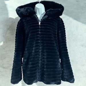 Gallery Women's Hooded Grooved Faux-Fur Jacket Black Size L
